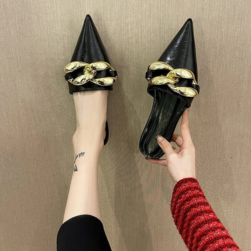 Spring Womens Mules Shoes Pointed Toe Low Heel Womens Slippers Summer Metal Chain Female Sandals Woman Closed Toe Casual Shoes 240703