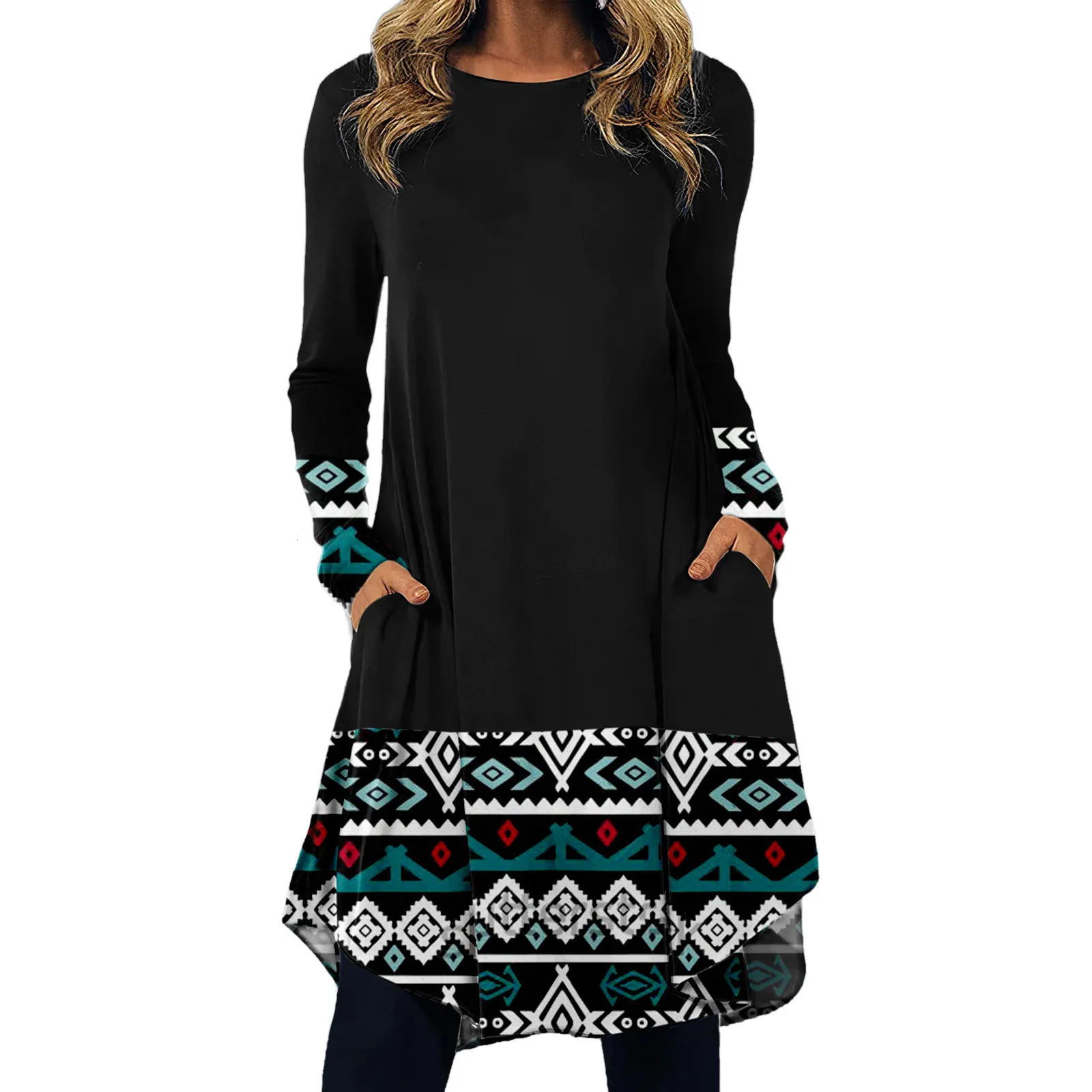 Women Black Print Bohemian Vintage Dresses Long Sleeve Casual Loose Boho Dress for Lady Autumn Spring Clothing 240628