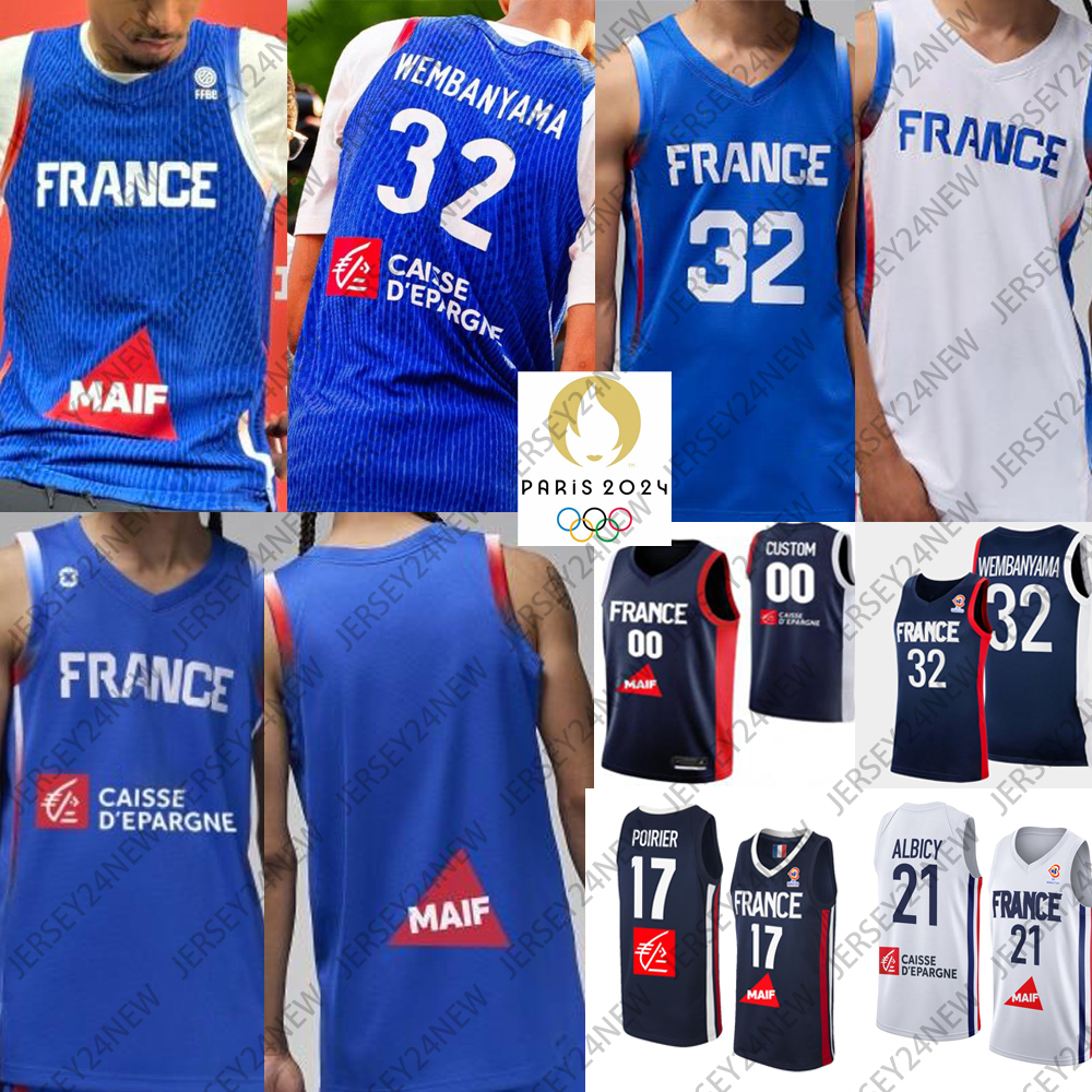2024 France Team Victor 32 Wembanyama Basketball Jerseys Evan 10 Fournier Rudy Nicolas 5 Batum 27 Gobert Frank 1 Ntilikina Nando 12 de Colo Guerschon 7 Yabusele XS-4XL