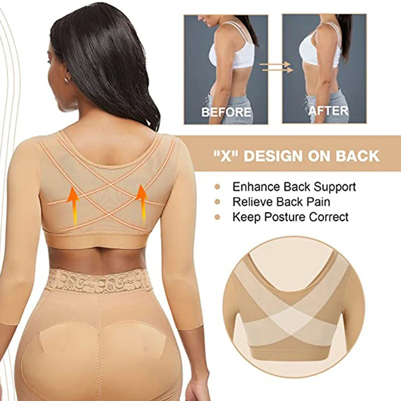 A compression long sleeved tight fitting bra with an upward push shape for women after surgery with a closed ultra-thin seamless shape in front of the