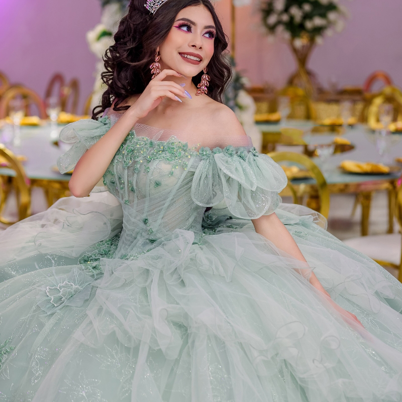 Light Green Quinceanera Dresses Off The Shoulder Applique Wer Beads Tull Sweet 16 Year Vestidos De 15 Anos Birthday Party Gown