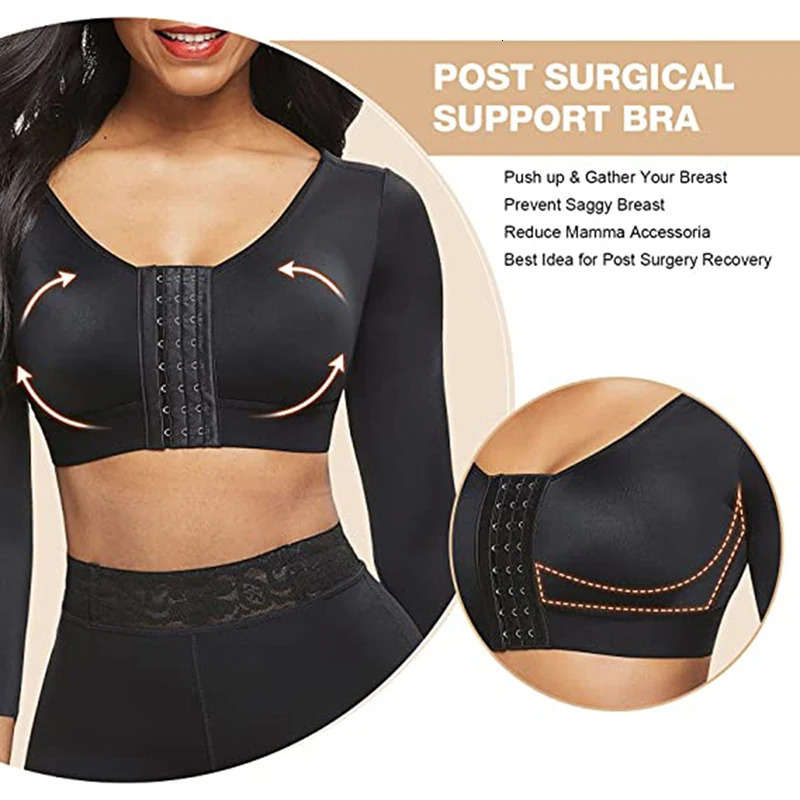 A compression long sleeved tight fitting bra with an upward push shape for women after surgery with a closed ultra-thin seamless shape in front of the