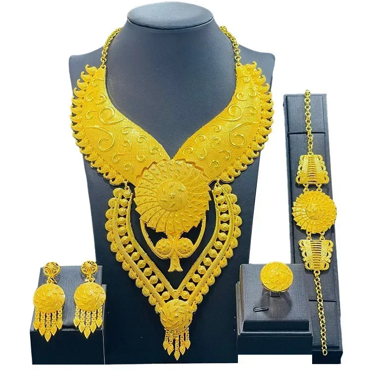 High Quality 24k Gold Plated Dubai Jewelry Set African Middle East Womens Jewelry Necklace Bracelet Earring Ring Wholesale 240701