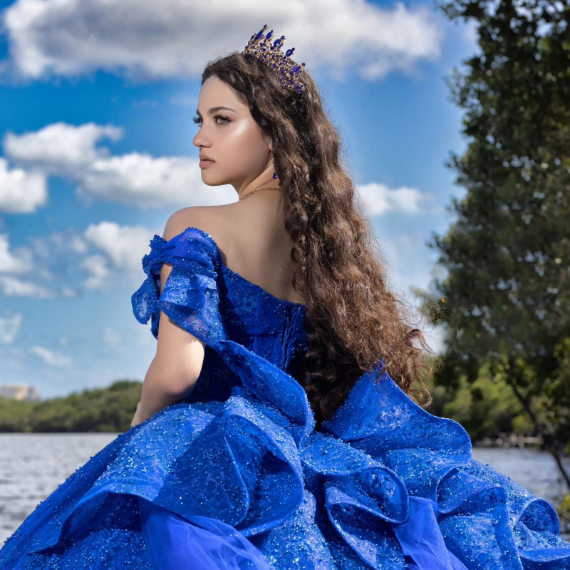 Royal Blue Shiny Ball Quinceanera Off The Shoulder Beads Bow Birthday Party Gown Sweet 16 Dresses Vestidos 15 De Novia