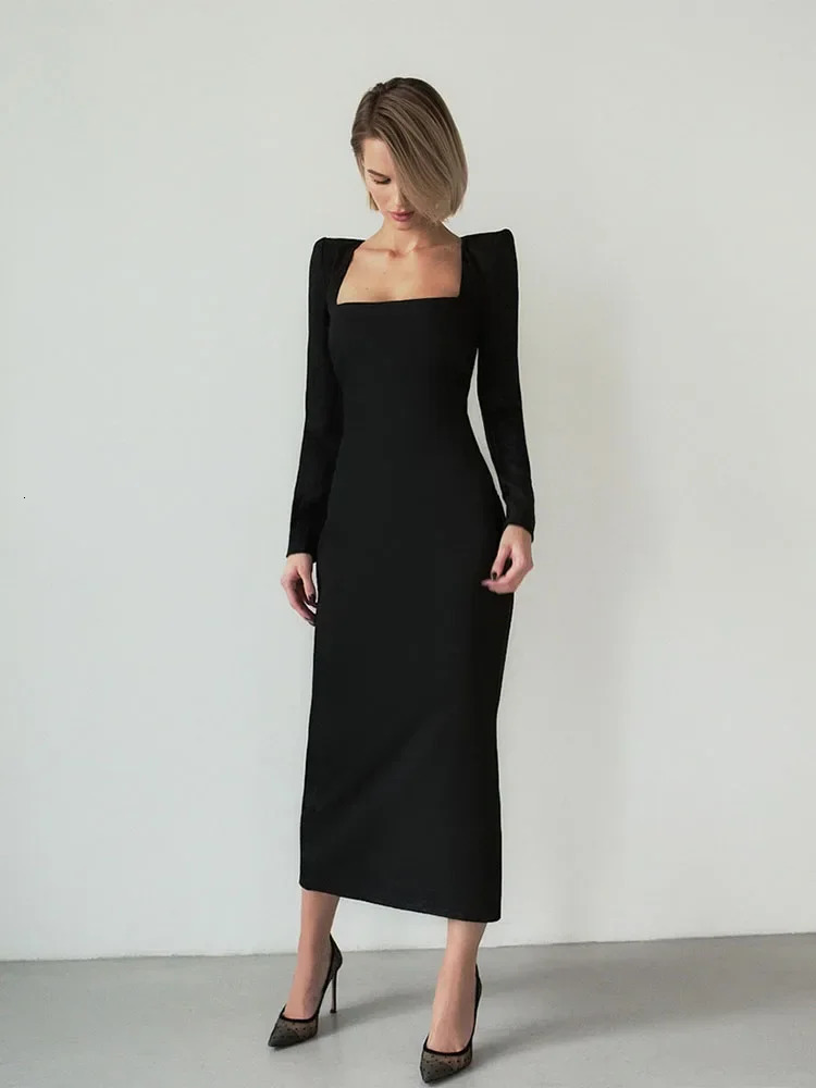 ZBZA Womens Elegant Tight Dress Square Neck Elegant Zipper Urban Womens Hip Wrap Dress Sexy Solid Color Party Long Dress 240701