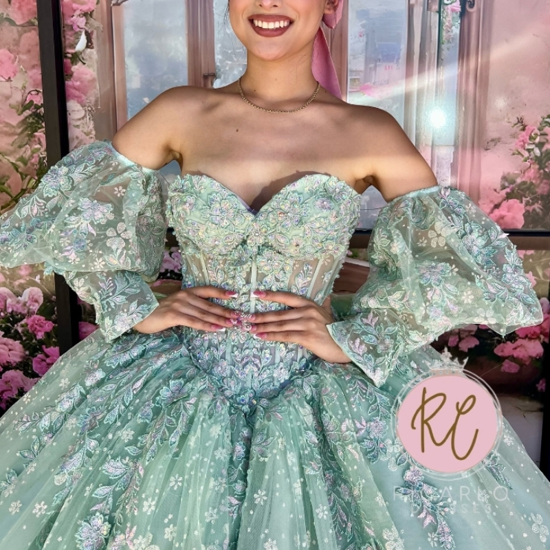 Sage Green Shiny Princess Ball Gown Quinceanera Off The Shoulder Applique Lace Beads Tull Sweet 16 Dress Vestido De 15 Anos