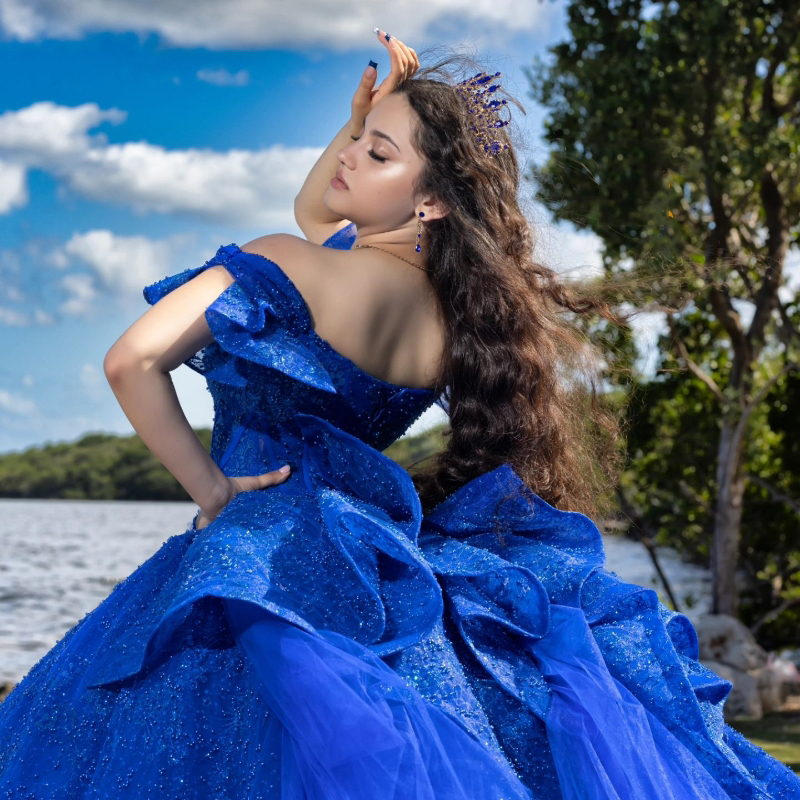Royal Blue Shiny Ball Quinceanera Off The Shoulder Beads Bow Birthday Party Gown Sweet 16 Dresses Vestidos 15 De Novia