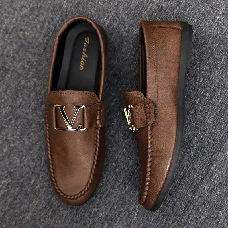 New youth round toe driving men's slip-on small leather shoes casual British formal wear sports handicraft
