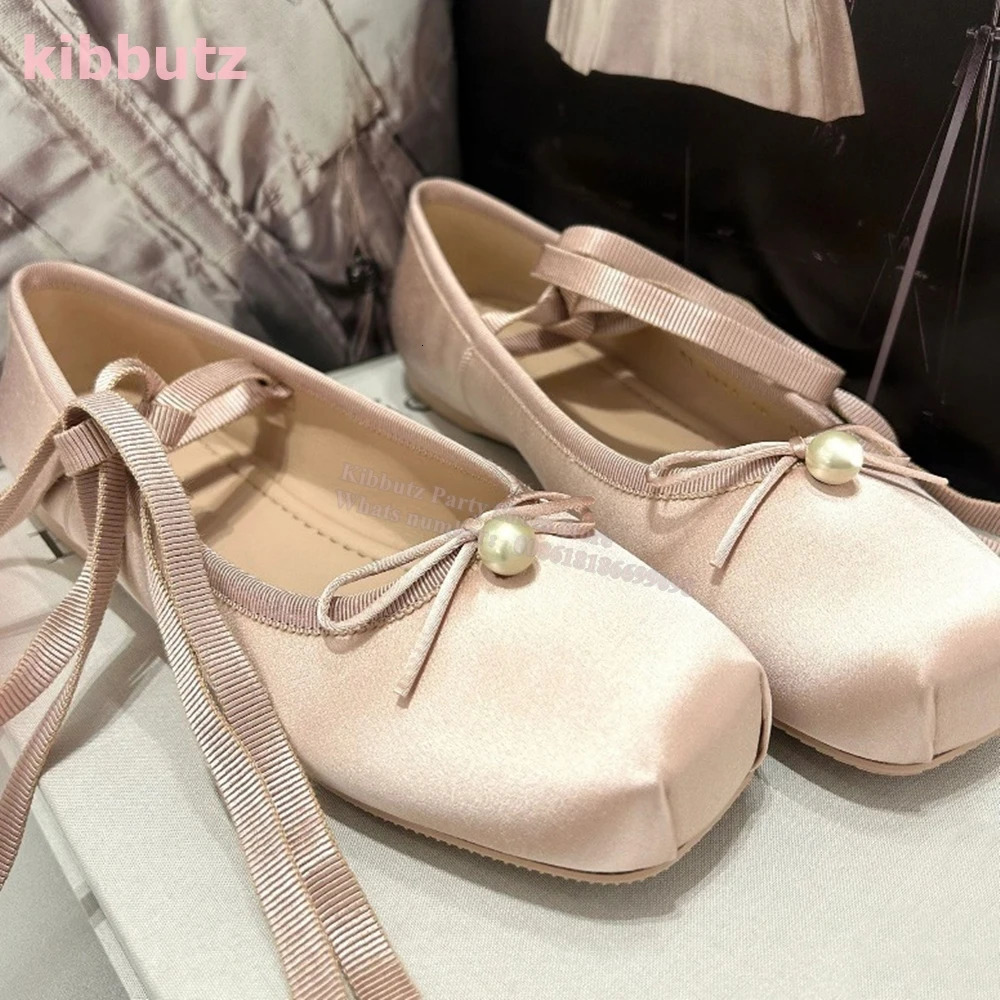 Satin Ballet Pumps Pearl Cross Strap Bows Square Toe Flat With Slip-On Solid Color Pink Fashion Elegant Sexy Women Shoes est 240703