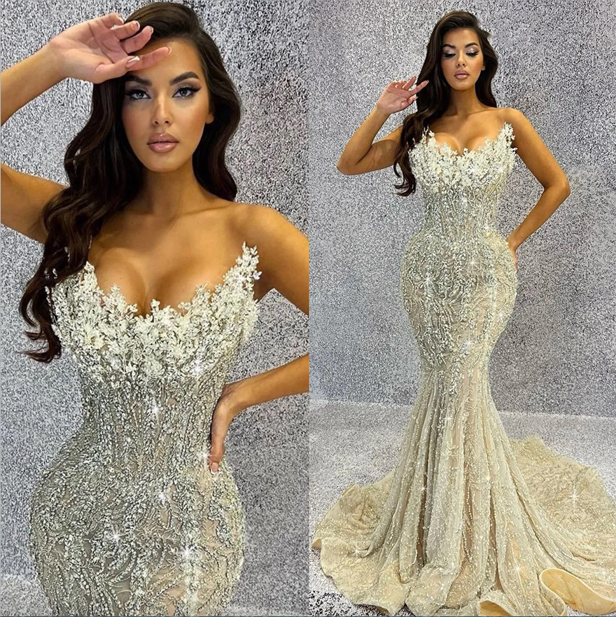 Sparkly Mermaid Evening Sleeveless V Neck Beaded crystal Prom dress or Length Formal Dresses for Special Ocn