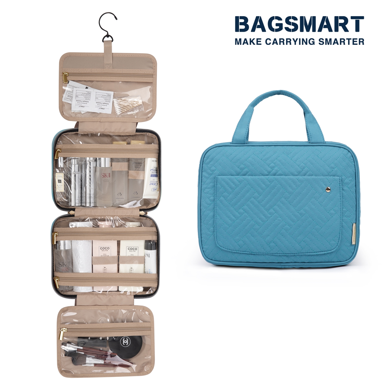 BAGSMART Toiletry Bag with Hanging Hook Water-resistant Makeup Bag Travel Organizer for Shampoo Full Sized Container Toiletries