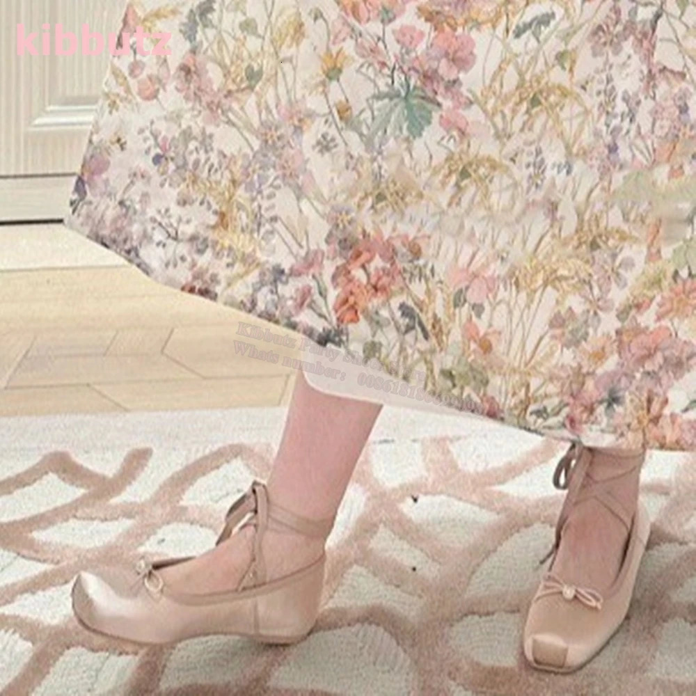 Satin Ballet Pumps Pearl Cross Strap Bows Square Toe Flat With Slip-On Solid Color Pink Fashion Elegant Sexy Women Shoes est 240703