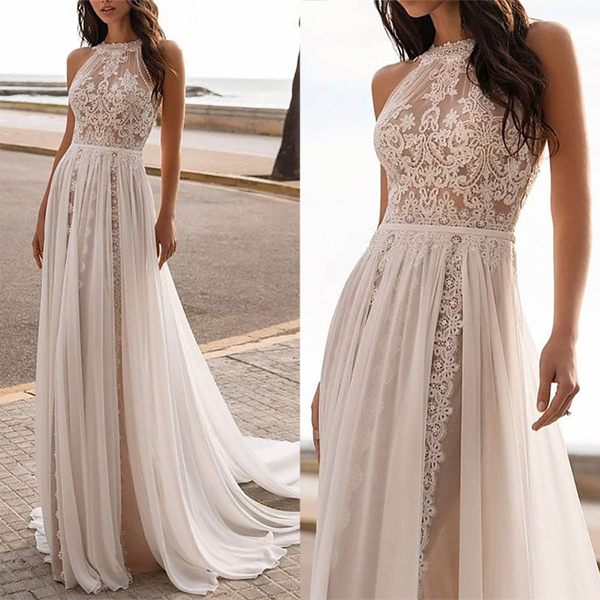 Bohemian A Line Wedding Dresses Illusion Lace Appliques Bride Gowns Sleeveless Custom Made Boho Bridal Dress Vestidos Novias Boda