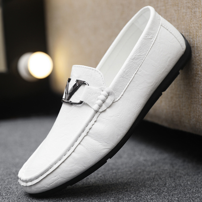 Beanie Shoes Men's Leather Shoes 2024 Spring Summer New Breathable Casual Leather Soft-Soled Loafers One Foot Peanie Men's Shoes black