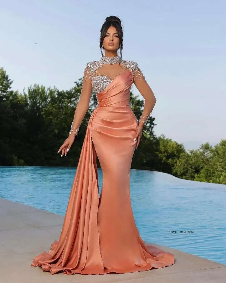 Sexy Prom Dresses High Neck Illusion Peach Purple Crystal Beads Mermaid African Plus Size Satin Evening Gowns Long Sleeves Robe De Bal 0703