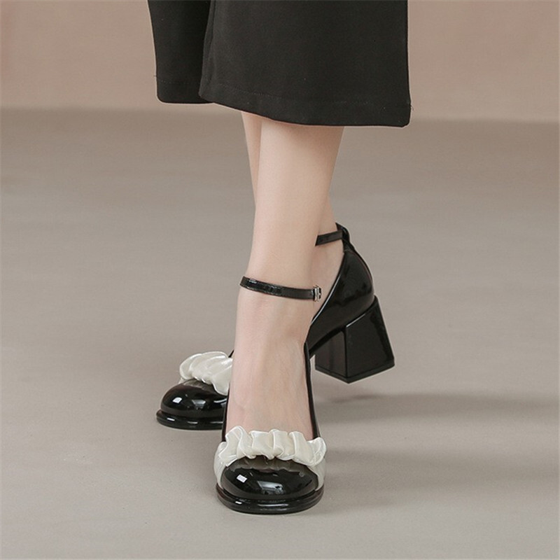Single shoe women 2023 new thick high heels fairy shallow mouth small leather gentle Mary Jane shoes women's French style