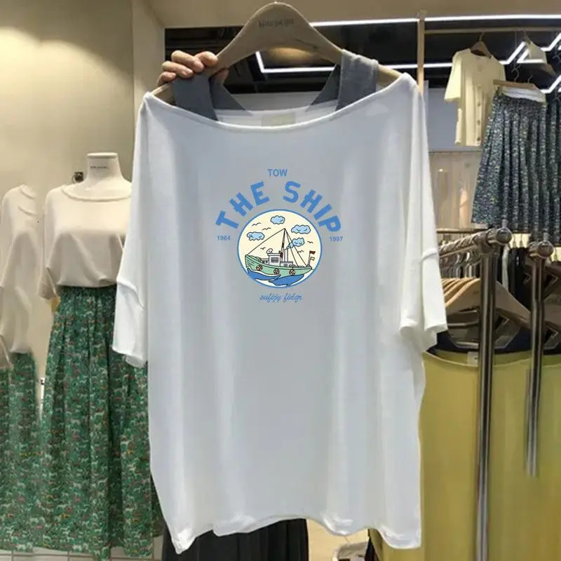 Summer Street Casual Sling Off Shoulder T Shirts Short Sleeve Letter Printing Loose Tops Tees Fashion Trend Women Clothing 240627