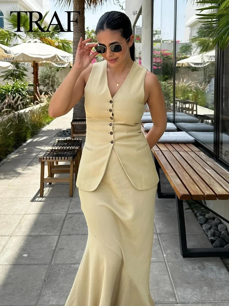 TRAF Women Fashion Summer Vest Skirt Sets Khaki VNeck Sleeveless Pockets WaistcoatsHigh Waist Asymmetrical Suits 240704