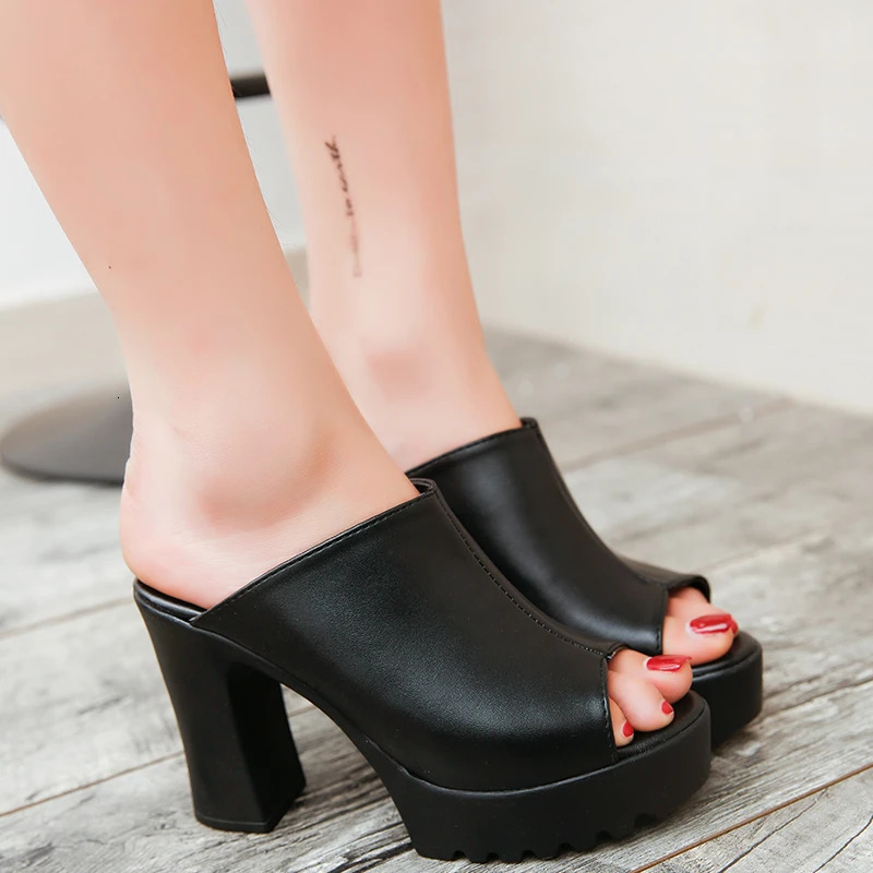 Women Sexy Cute High Heels Mules Black Open Toe Platform Mules Ladies Leather Sole Slippers Femal Slip On Sandals Shoes Womens 240704