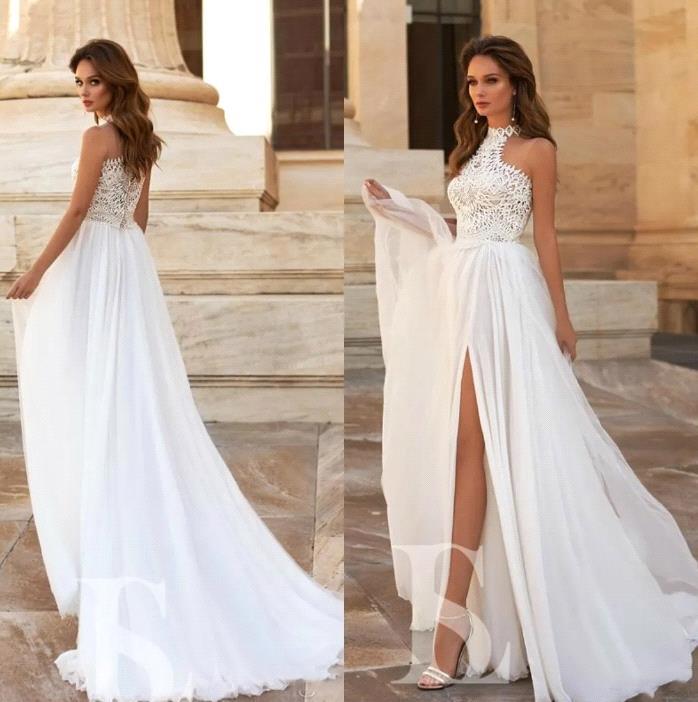 Side Elegant Split Wedding Dresses High Neck Appliques Chiffon Bridal Gowns Bc