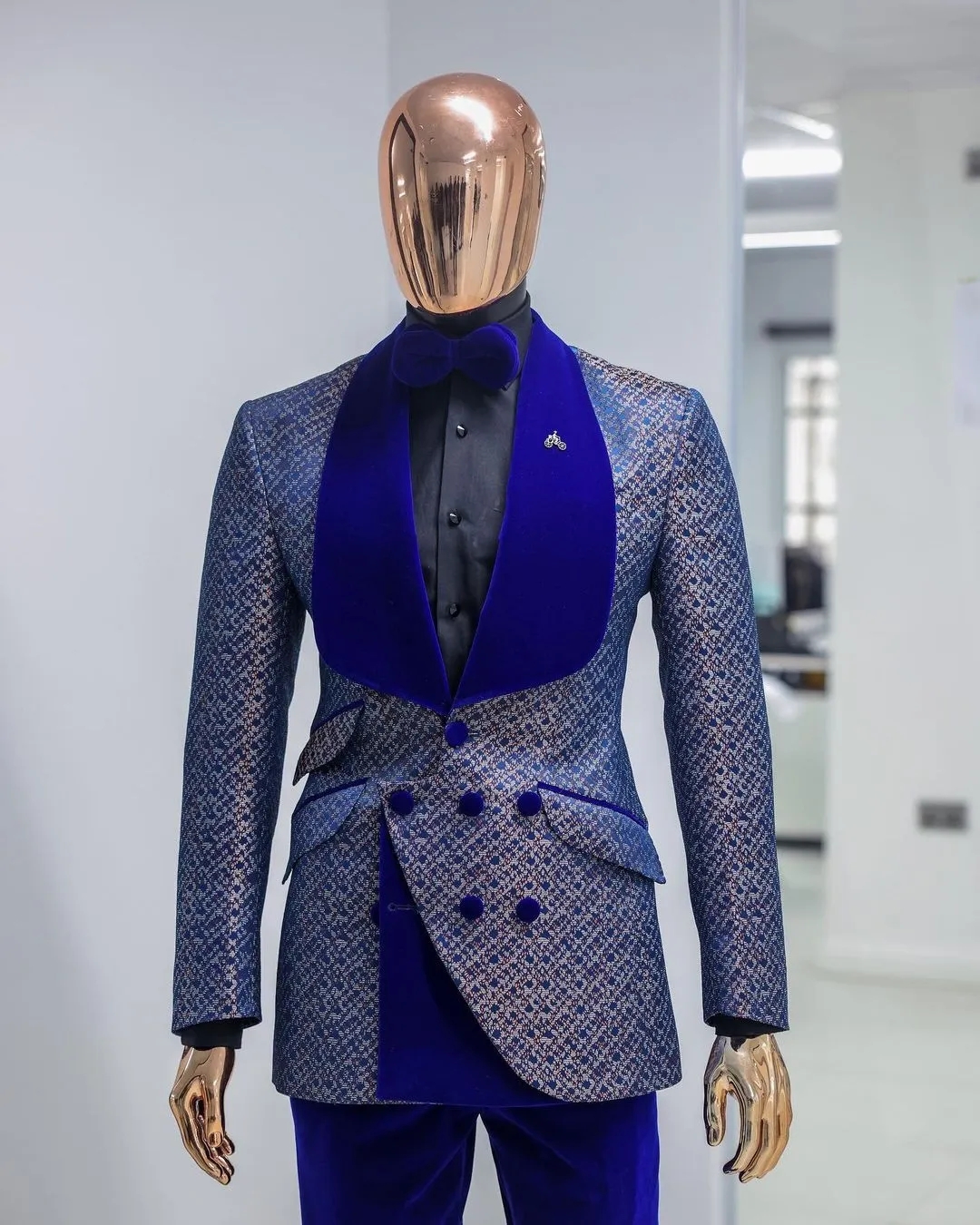 Floral Jacquard Tuxedos For Men Wedding Slim Fit Royal Blue Velvet Shawl Lapel Double Breasted Jacket 2 Pieces Male Costume