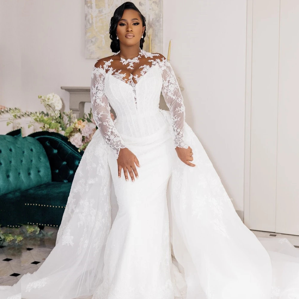 Elegant Lace Mermaid Wedding Dresses With Detachable Train Long Sleeves Plus Size Bridal Gowns Illusion Jewel Neck African Bride Dress 2024