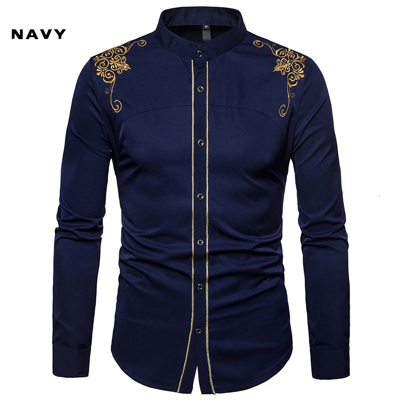 Spring Fashion Mens Long Sleeve Shirt Men European and American Embroidered Shirts Male Casual Social Wedding Party 240615