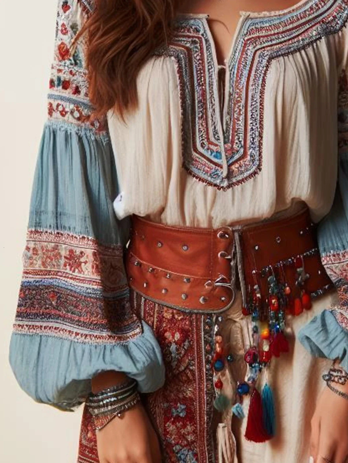 Lantern Sleeves Boho Blouse Floral Pattern Drawstring O Neck Hollow Ethnic Style Women Tops Spring Summer Autumn Chic Blouses 240627