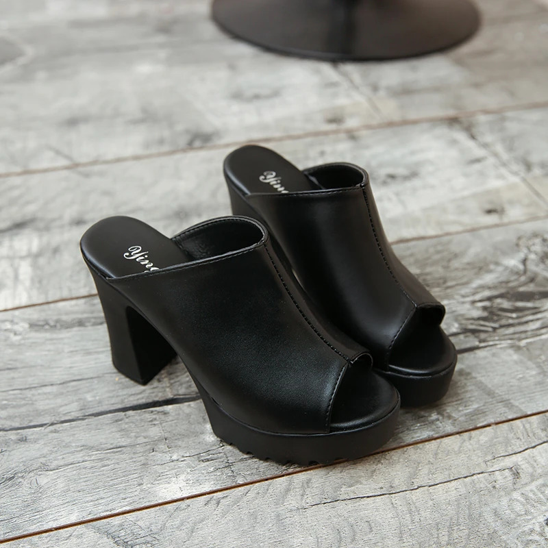 Women Sexy Cute High Heels Mules Black Open Toe Platform Mules Ladies Leather Sole Slippers Femal Slip On Sandals Shoes Womens 240704