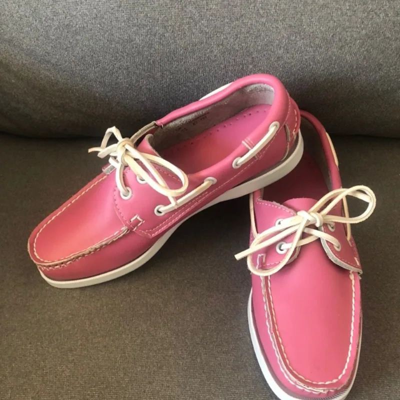 Unisex Boat Shoes Pink Leather Loafers For Men Women Fashion Walking Driver Footwear Couples Lace Up Flats Shoe 240702