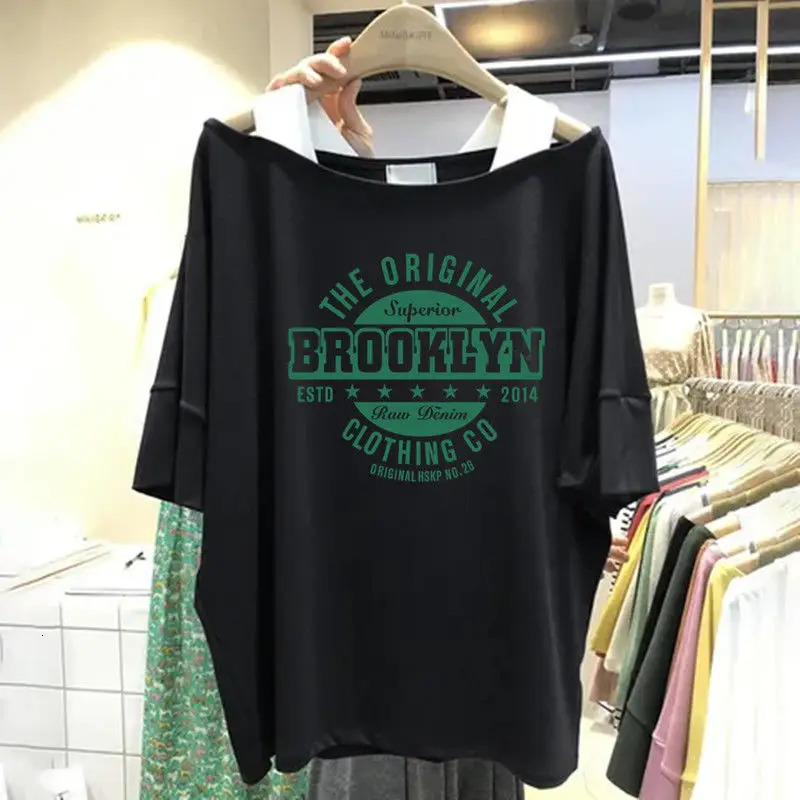 Summer Street Casual Sling Off Shoulder T Shirts Short Sleeve Letter Printing Loose Tops Tees Fashion Trend Women Clothing 240627