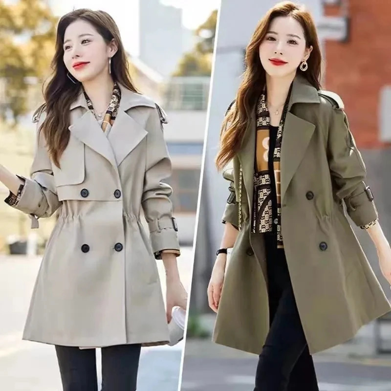 Casual Double Breasted Mid-length Trench Jacket Korean Loose Drawstring Abrigos Gabardina Women Windbreaker Spring Chic Coats 240703