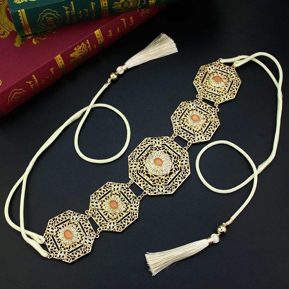 Sunspicems Elegent Morocco Rope Belt Women Square Hollow Waist Chain Belt Algeria Bride Wedding Jewelry Hand Tassels Rope Chain 240701