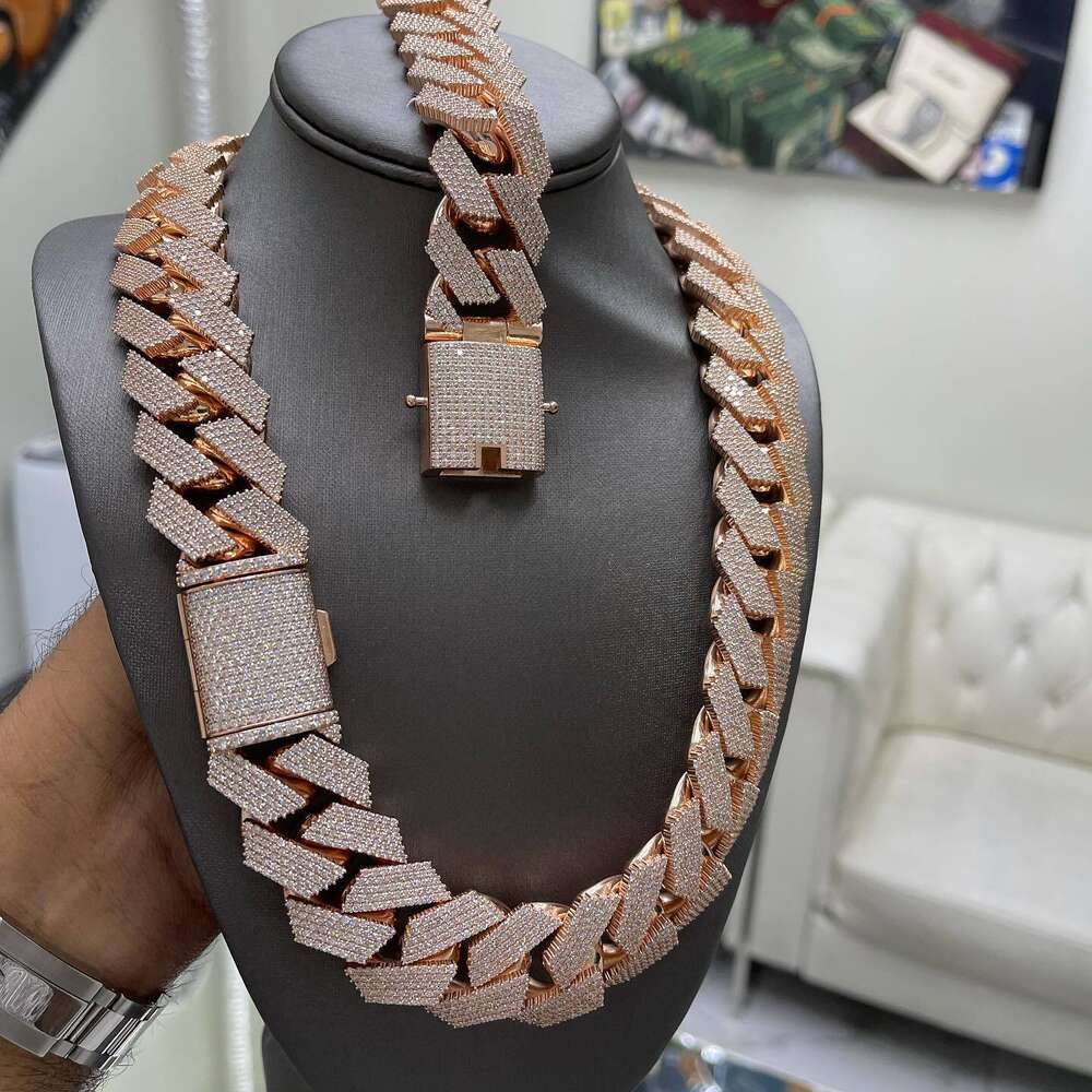 Fully Iced MOISSANITE 20mm Cuban Link Hip Hop Chain Rose Gold Plated Multi Size Available Featuring Diamond pass tester