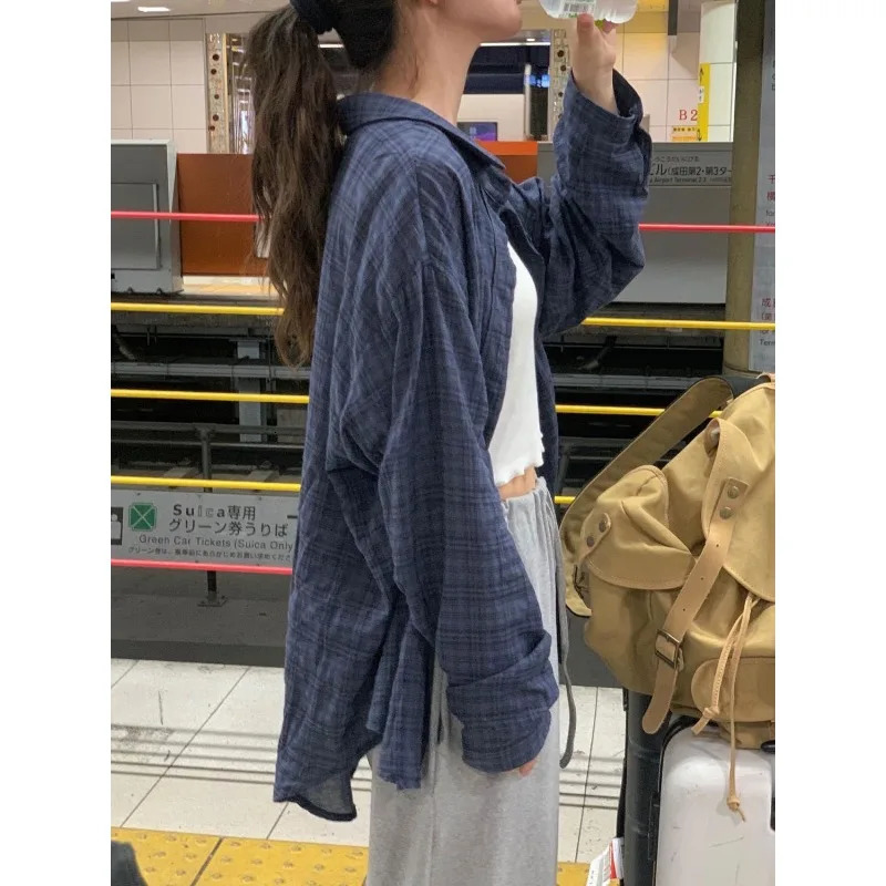 QWEEK Korean Style Oversized Vintage Plaid Shirts Casual Basic Womens Blouses Long Sleeve Fashion Button Up Youthful Autumn 240704