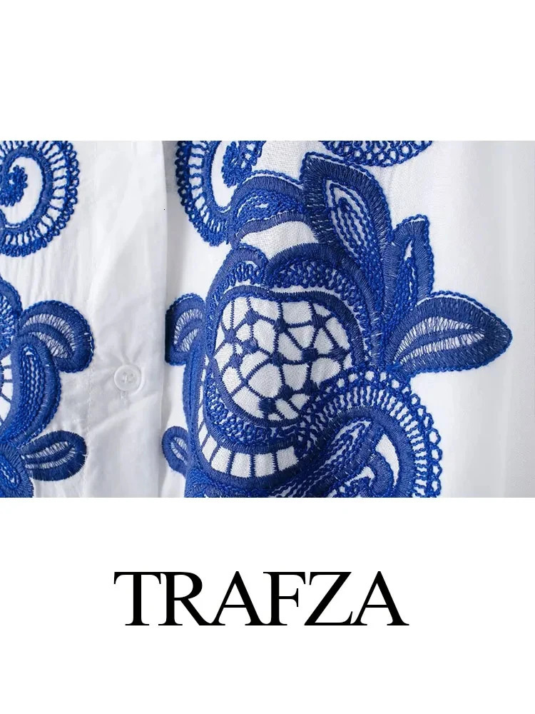 TRAFZA Women Blue Floral Embroidery Shirt Skirts Sets Casual Top High Waist Chic Elegant Womens Pleated Long Skirt TRAF 240704