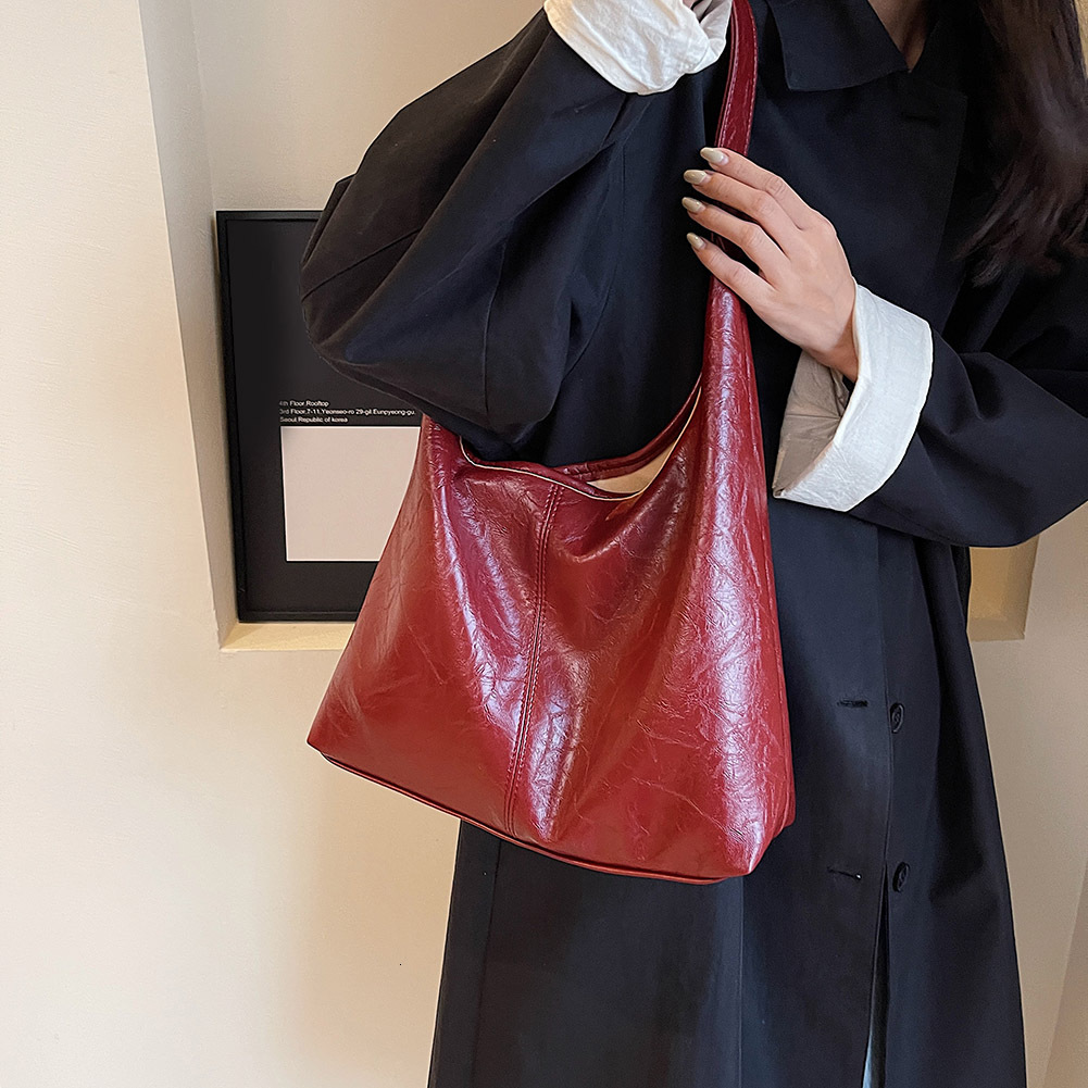 Ladies Vintage Wine Red Handbag Soft PU Leather Versatile Tote Women's Large Underarm Commuter Quality Shoulder BagH7.4#32 ddmymoon