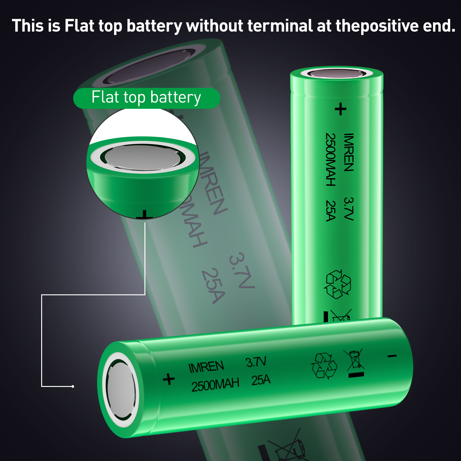 IMREN 18650 Battery 2500mah Rechargeable Lithium Battery Flat Top for Flashlight,headlAMP ,Small fan,Electric Skate