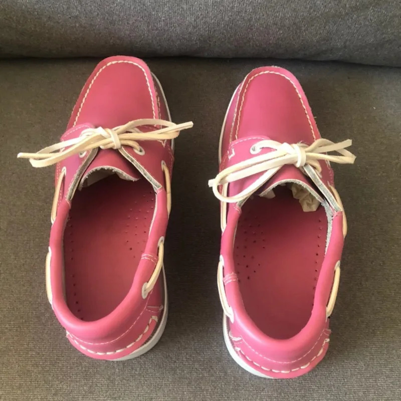 Unisex Boat Shoes Pink Leather Loafers For Men Women Fashion Walking Driver Footwear Couples Lace Up Flats Shoe 240702