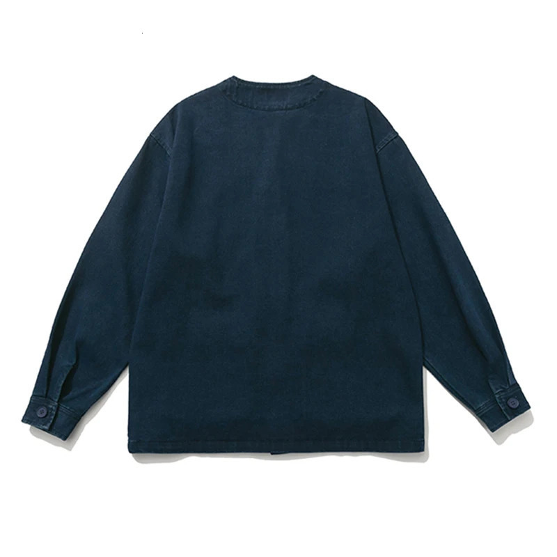 Japan Style VNeck Men Indigo Denim Jacket Single Breasted Spring Autumn Sand Wash Coat With Front Flap Pockets 240701wtt