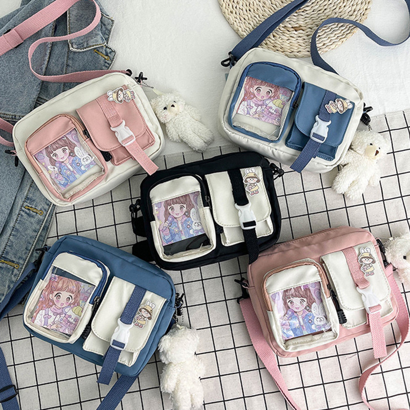 Japanse Style Cute small square bag Girls Student Small Nylon Bag Splicing Transparent Crossbody Women Shoulder Bags H7.4#11.5