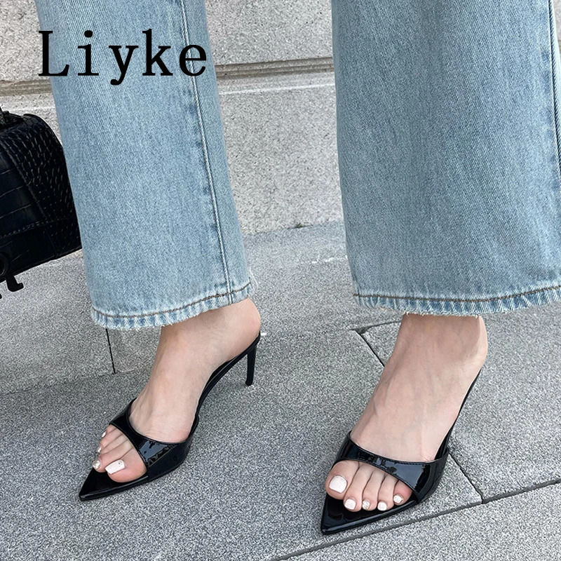 Liyke Summer Slippers Women Cozy Mules Low Thin Heels Slides Shoes Fashion Pointed Open Toe Gladiator Sandals Zapatos Mujer 240703