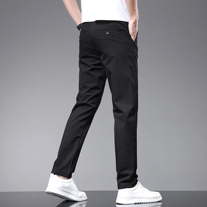 Mens Slim Casual Pants Summer Thin Elastic Waist Business Straight Trousers Solid Color Soft Breathable Black Beige Gray 240701