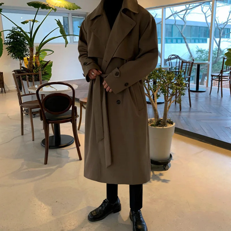 IEFB Mens Wear Korean Trend Windbreaker Mid Long Loose Clothes Handsome Males Autumn Casual Trench Coat With Belt 4312 240701
