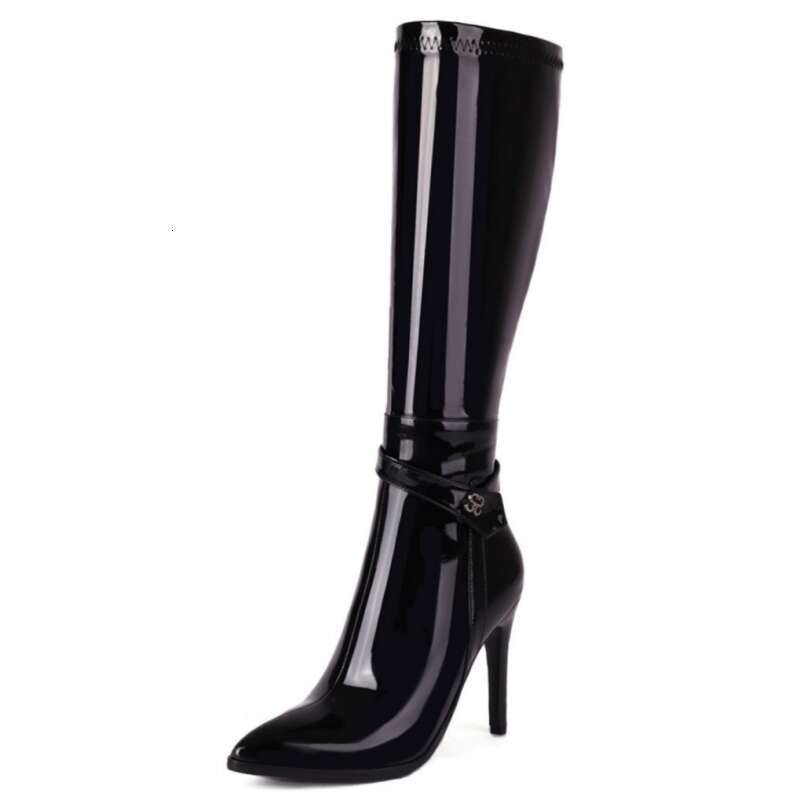 Sexy Knee High Boots Women New 2023 Winter Point Black Heels Long Boot Patent Dance Party Shoes Female Large Size 44 46