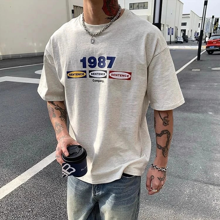 Summer cotton Korean letter printed T shirt American retro round neck mens y2k casual white and gray half sleeved top 240703