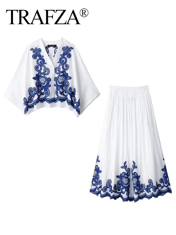 TRAFZA Women Blue Floral Embroidery Shirt Skirts Sets Casual Top High Waist Chic Elegant Womens Pleated Long Skirt TRAF 240704