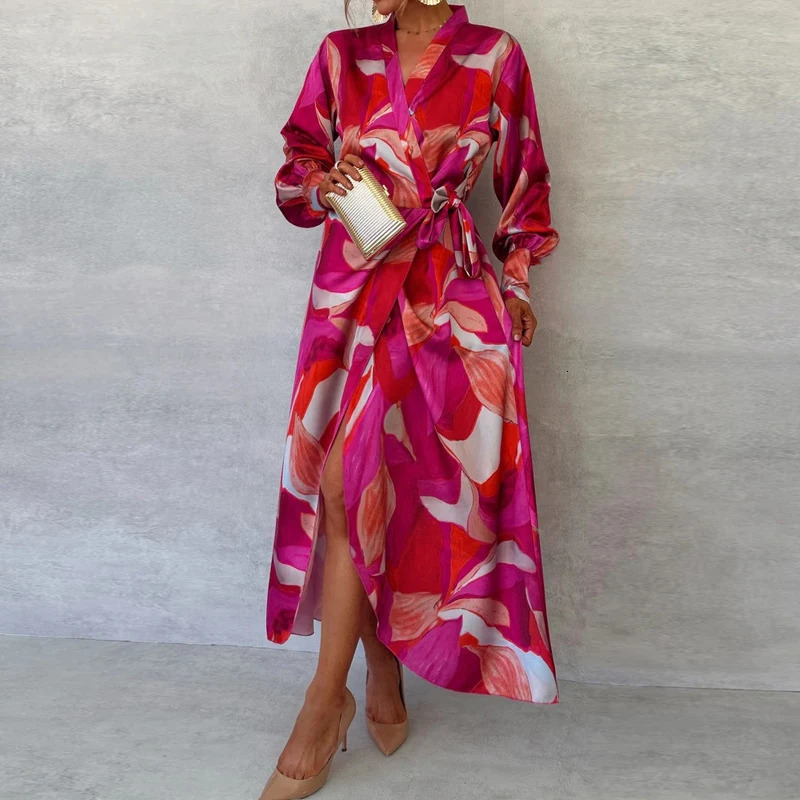 Elegant Tieup Graphic Printed Office Long Dress Chic Women Sleeve Party Commute Lady Vneck Slit 240628