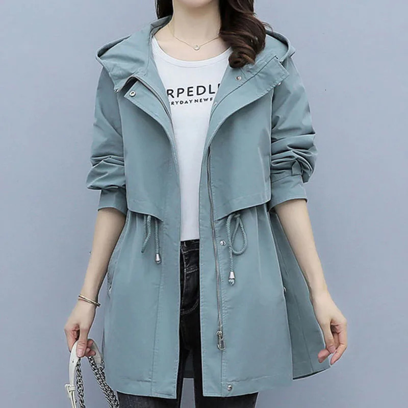 Women Autumn Hooded Trench Coat Fashion Drawcord Loose Pocket Solid Jacket Korean Office Lady Mid Length Casual Outerwear 240703