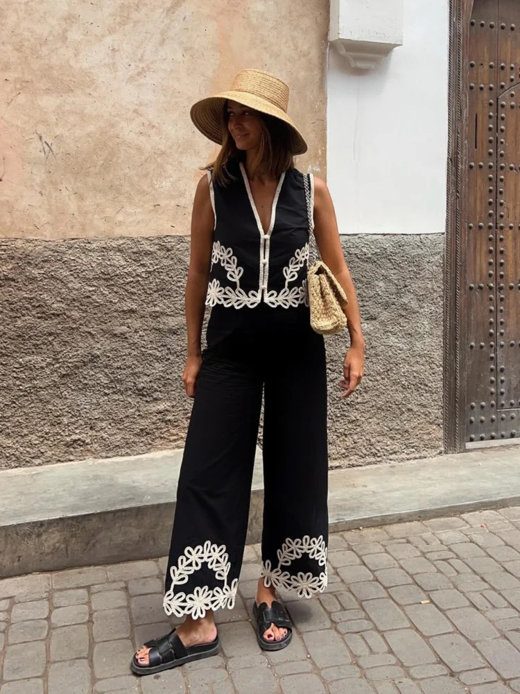Fashion Contrasting Printed Crop Vest Pants Suit Elegant Women V Neck Sleeveless Tops Wide Leg Set Chic Female Outfits 240702